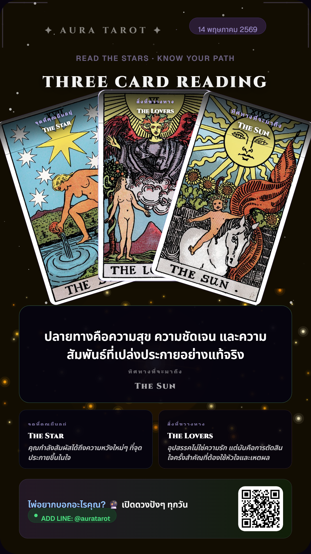 ตัวอย่างผลอ่านไพ่ Three Card Reading — AURA TAROT